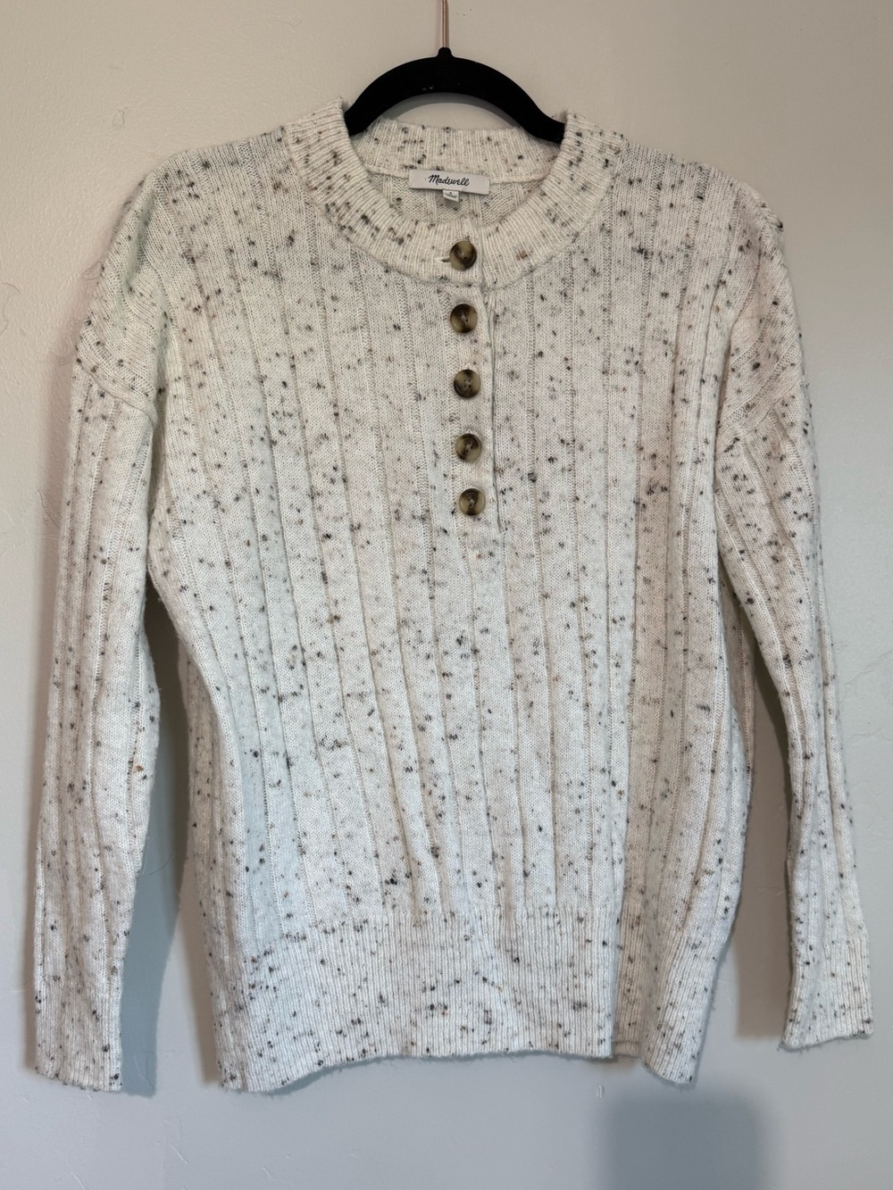 Madewell Cream Speckled Ribbed Henley Sweater with Button Placket